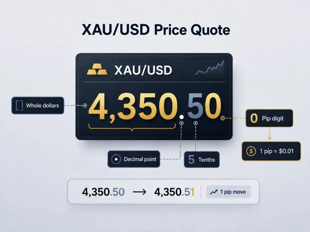 XAU/USD price quote showing that a move from 4,350.50 to 4,350.51 equals one pip, or $0.01