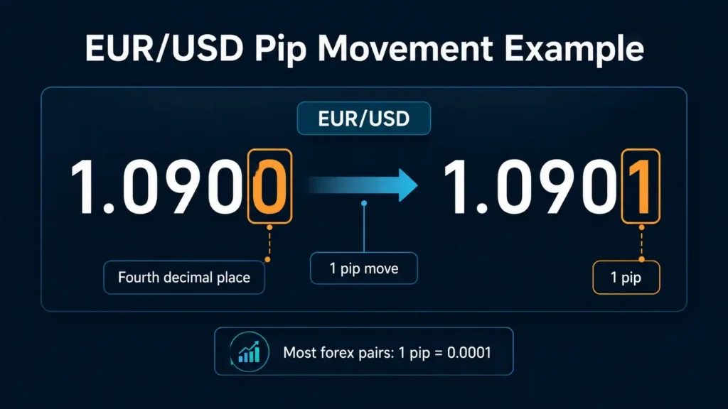 EUR/USD price moves from 1.0900 to 1.0901, illustrating a one-pip increase at the fourth decimal place.
