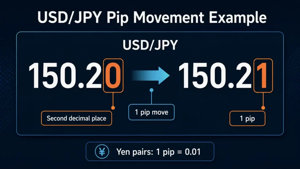 USD/JPY moves from 150.20 to 150.21, illustrating a one-pip increase at the second decimal place for yen pairs.