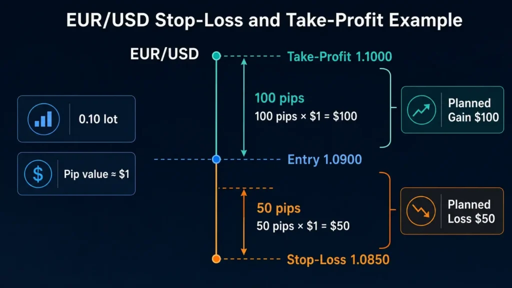 EUR/USD trade example with entry at 1.0900, take-profit at 1.1000, and stop-loss at 1.0850, showing a planned $100 gain and $50 loss using a 0.10-lot position.