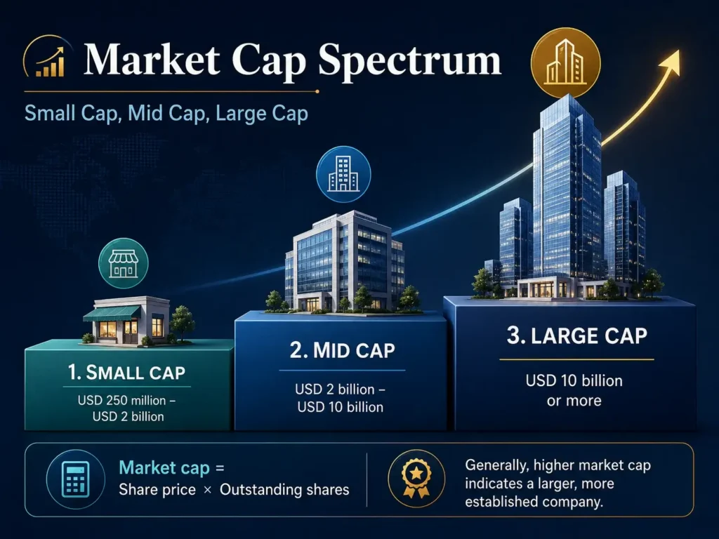 Infographic showing the difference between small market cap, medium market cap and large market cap