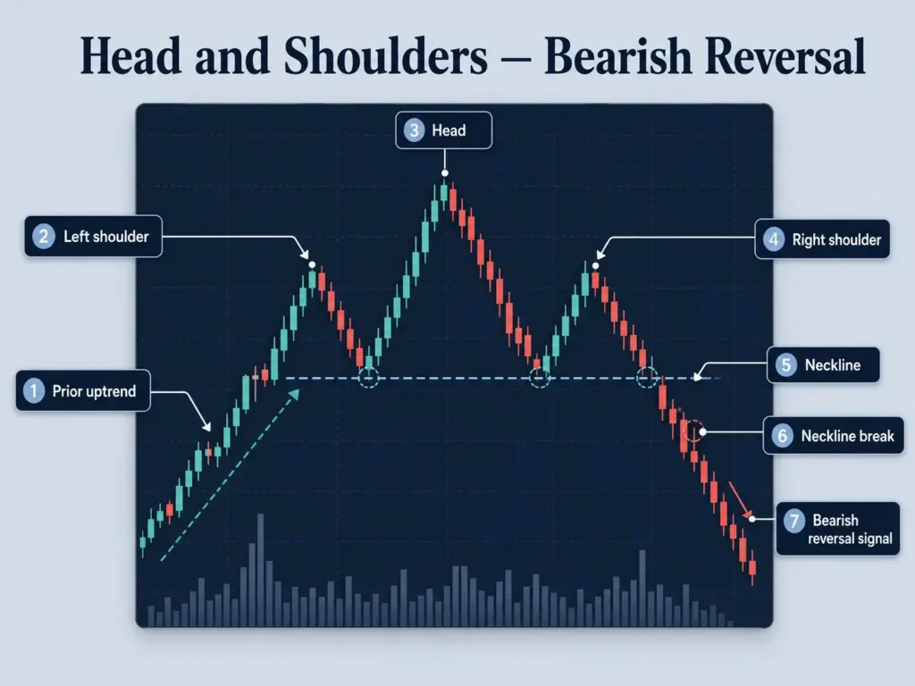 Head and shoulders bearish reversal candlestick chart showing the prior uptrend, left shoulder, head, right shoulder, neckline, neckline break, and bearish reversal signal.