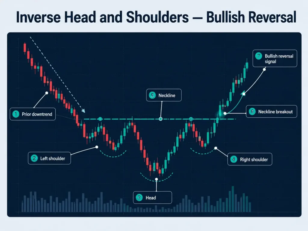 Inverse head and shoulders bullish reversal candlestick chart showing a prior downtrend, left shoulder, head, right shoulder, neckline, neckline breakout, and bullish reversal signal.