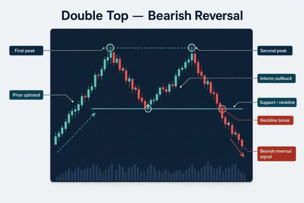 Double top bearish reversal candlestick chart showing a prior uptrend, first peak, second peak, interim pullback, support neckline, neckline break, and bearish reversal signal.