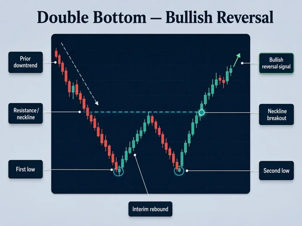 Double bottom bullish reversal candlestick chart showing a prior downtrend, first low, second low, interim rebound, resistance neckline, neckline breakout, and bullish reversal signal.