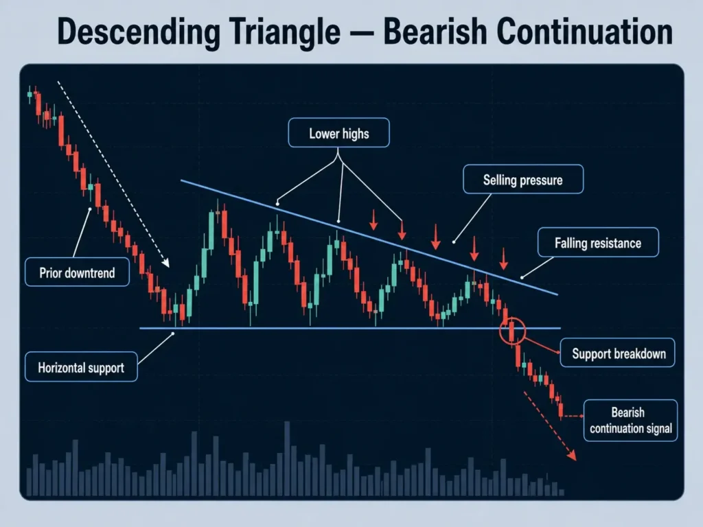 Descending triangle bearish continuation candlestick chart showing a prior downtrend, lower highs, falling resistance, horizontal support, selling pressure, support breakdown, and bearish continuation signal.