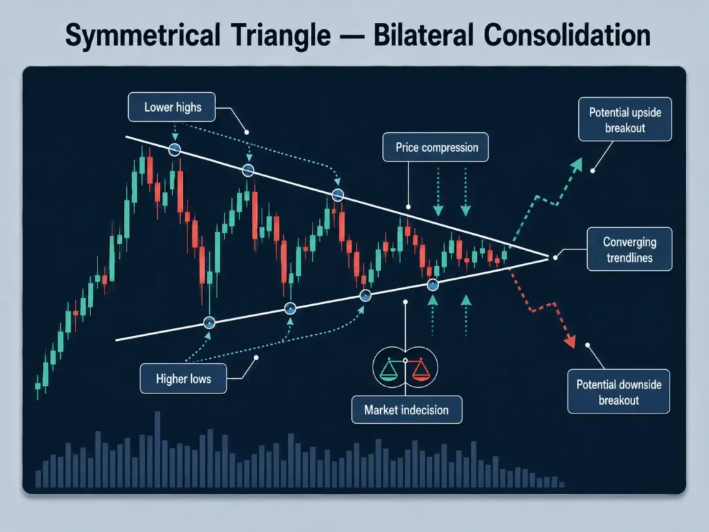 Symmetrical triangle bilateral consolidation candlestick chart showing lower highs, higher lows, converging trendlines, price compression, market indecision, and potential upside or downside breakout.