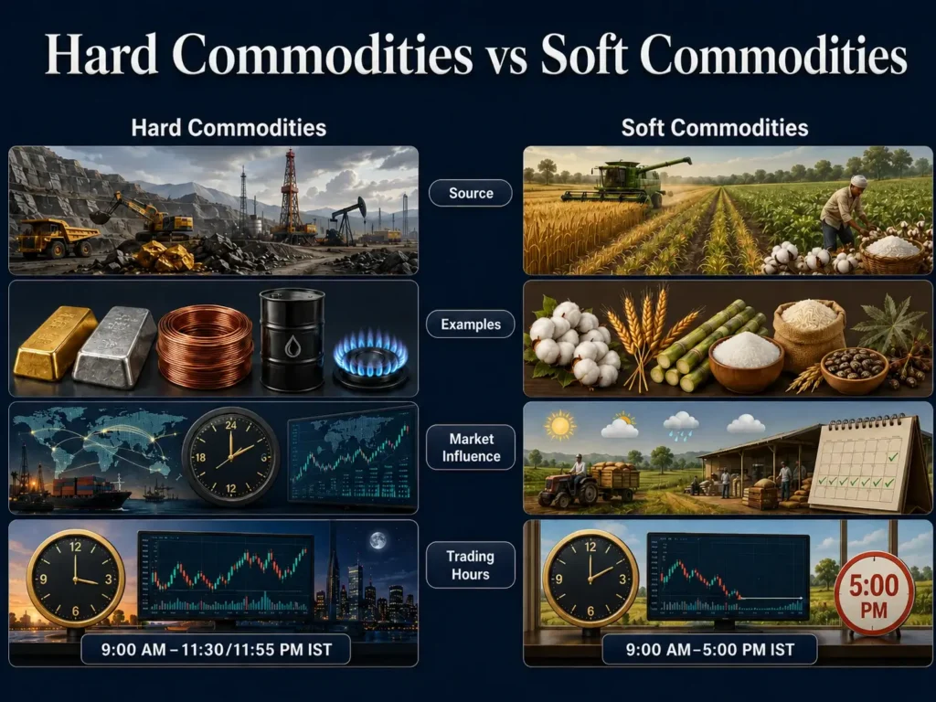 Comparison infographic showing hard commodities such as gold, silver, copper, oil and natural gas alongside soft commodities such as cotton, wheat, sugar, rice and coffee, with their sources, market influences and trading hours in IST.