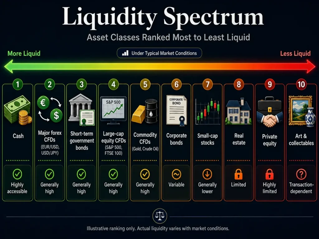 Image showing the liquidity spectrum with asset classes ranked from most to least liquid