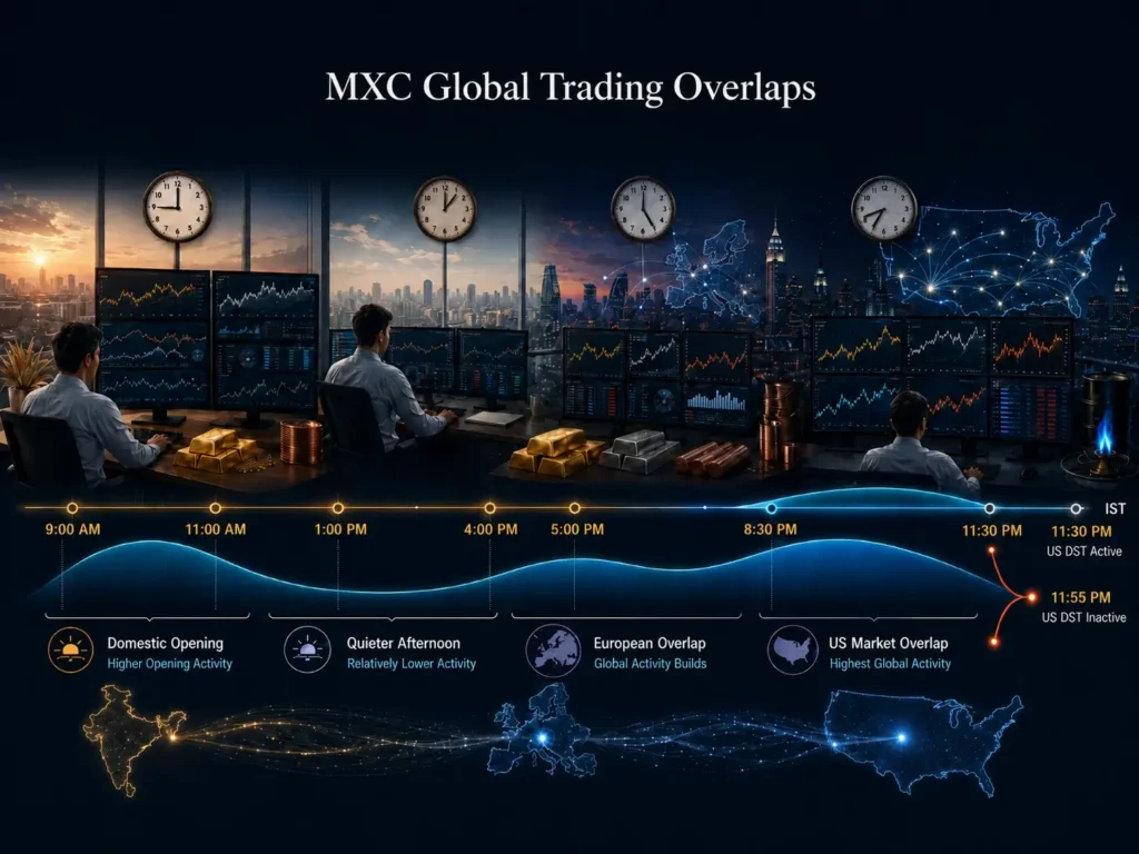 MCX trading activity across domestic, European and US market overlaps
