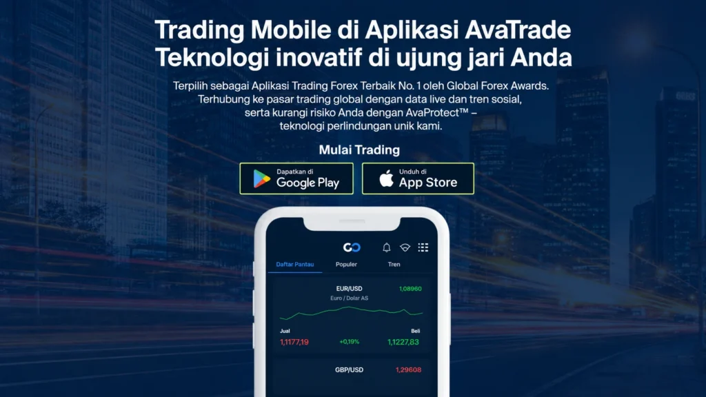 Promo banner for AvaTrade mobile app in Indonesian; shows trade app slogan, store badges, and a smartphone displaying a trading dashboard.