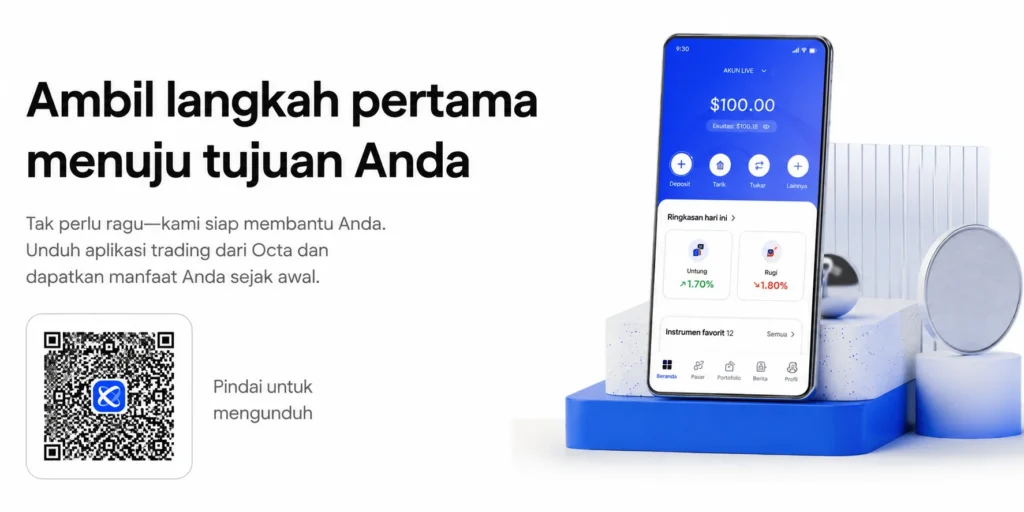 Indonesian hero banner with large text, a QR code to download the Octa trading app, and a smartphone showing the app on the right.