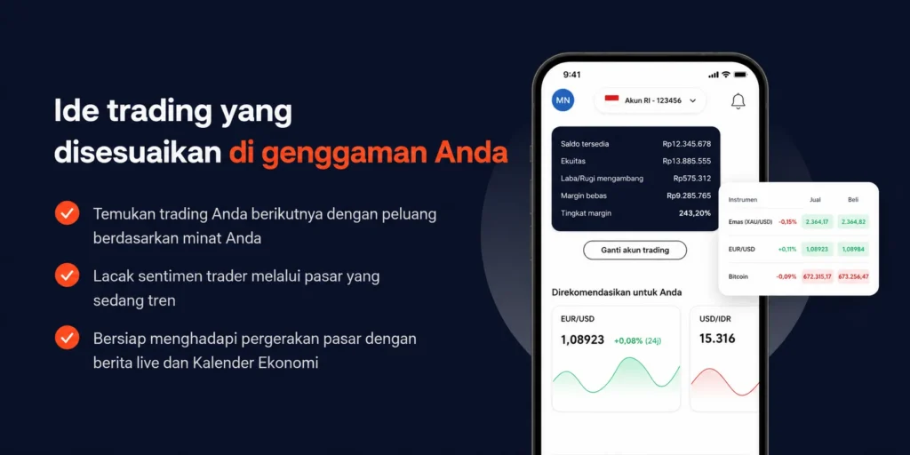Hero banner in Indonesian: headline Ide trading yang disesuaikan di genggaman Anda with three orange‑check bullet points and a phone displaying the trading app.