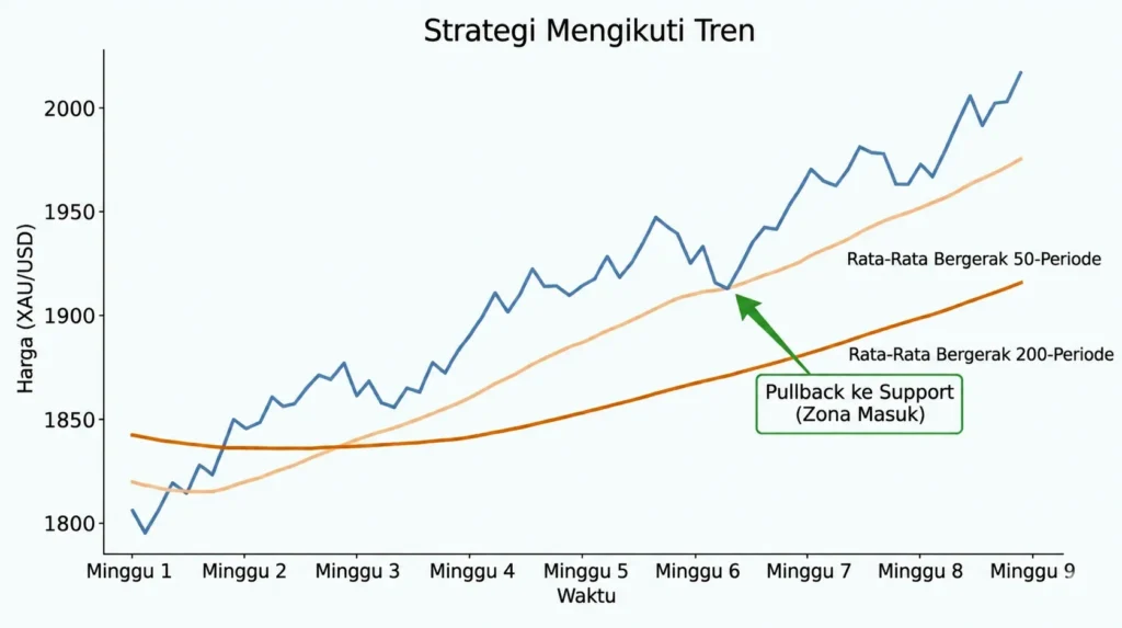 Grafik strategi mengikuti tren menunjukkan harga biru naik dengan dua moving average (50 dan 200) serta panah hijau menandai pullback ke support (zona masuk).