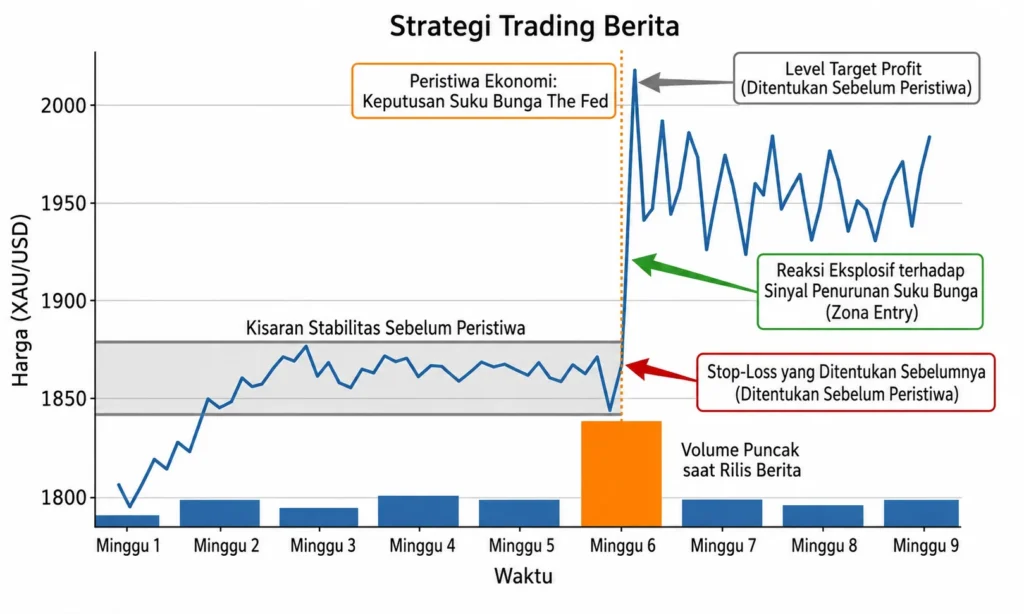 Grafik strategi trading berita: harga XAU/USD turun naik dengan level target profit, stop-loss, dan reaksi entry setelah rilis berita.