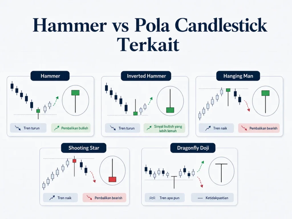 Infographic comparing candlestick patterns: Hammer, Inverted Hammer, Hanging Man, Shooting Star, and Dragonfly Doji with tiny chart examples and trend cues.