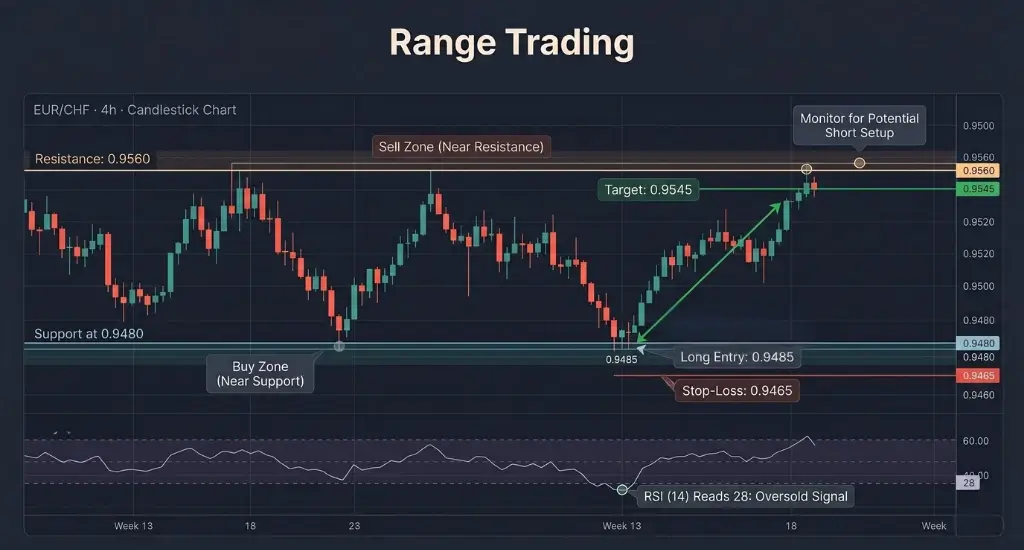 A graph showing how the range trading strategy works for forex