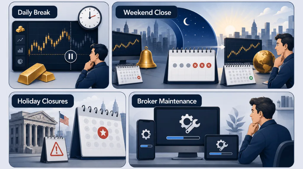 Infographic on global gold market closing times across major international trading hours Vantage Markets
